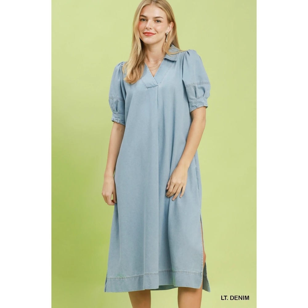 Umgee Chambray Collared Puff Sleeve Dress - Lt. Denim - Small